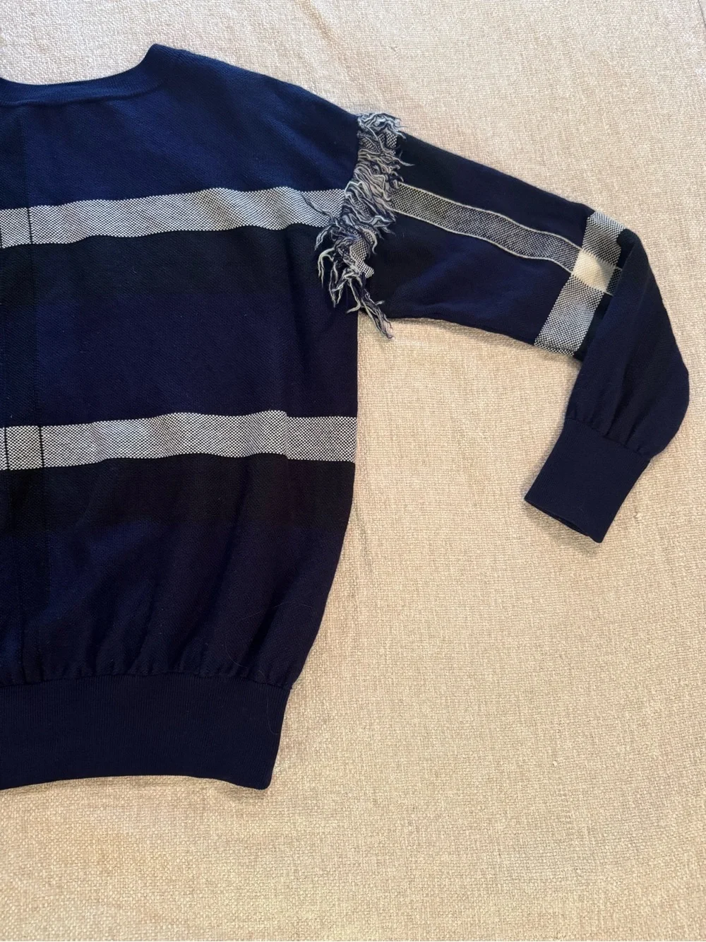 Tory Burch Gwen Wool Navy Plaid Fringe Sweater Medium